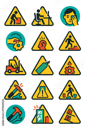 Workplace Risks icons in modern flat vector style in minimalistic vibrant color design: Heavy lifting warning, ergonomic strain, trip hazard, eye