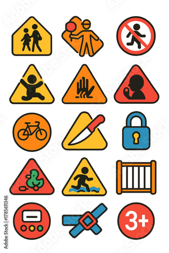 Children Safety Signs icons in modern flat vector style in minimalistic vibrant color design: School zone, crossing guard, playground caution, no