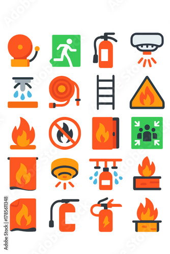 Fire Safety Symbols icons in modern flat vector style in minimalistic vibrant color design: Fire alarm, fire exit, extinguisher icon, smoke detector,