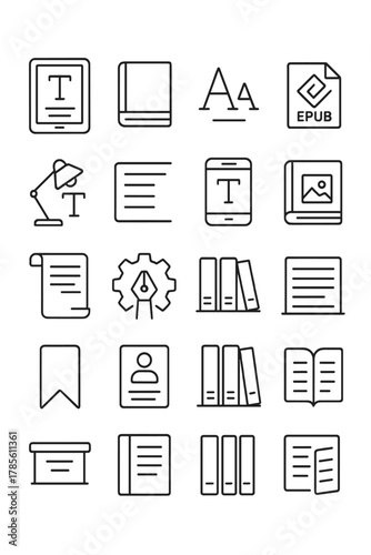 E-book and digital publishing icons in minimalistic line art style: e-reader, book icon, font selection, epub icon, reading lamp, text alignment,