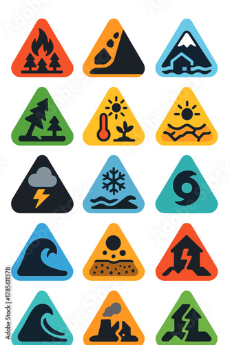Environmental Risk Signs icons in modern flat vector style in minimalistic vibrant color design: Wildfire danger, landslide warning, flood icon,