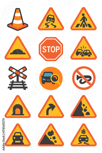 Transport and Road Risks icons in modern flat vector style in minimalistic vibrant color design: Traffic cone, slippery road, bridge height, crosswalk