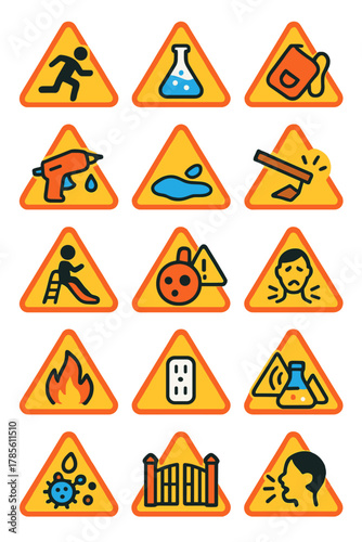 School Risk Warnings icons in modern flat vector style in minimalistic vibrant color design: Running in hallways, sharp scissors, science lab hazard,