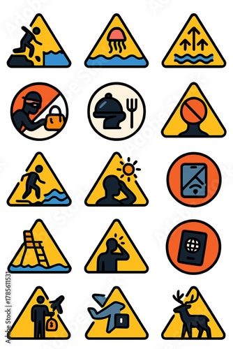 Travel and Tourism Warnings icons in modern flat vector style in minimalistic vibrant color design: Unsafe cliff, deep water icon, jellyfish beach