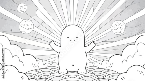 Line art illustration of God creating light and separating darkness, symbolic creation concept, spiritual and biblical scene, minimal sacred design expressing faith, origin, balance and divine power