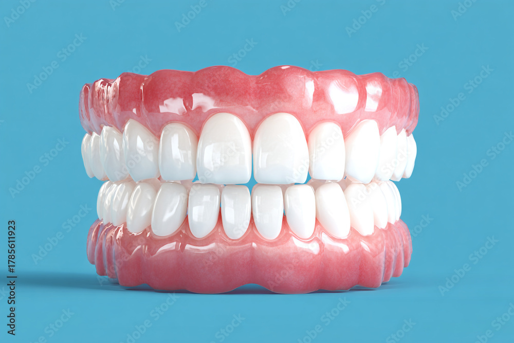 Obraz premium A close-up view of a full set of perfectly white teeth and healthy pink gums displayed against a vibrant blue background highlighting dental health and oral care
