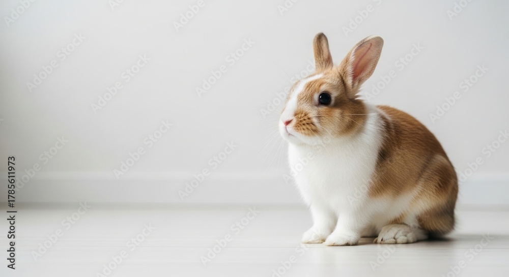 Fototapeta premium A brown and white rabbit sitting on a white floor.