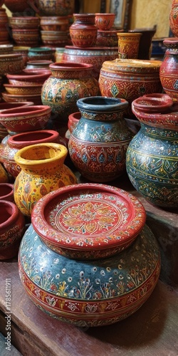 Hand painted traditional pottery displaying intricate patterns and vibrant colors