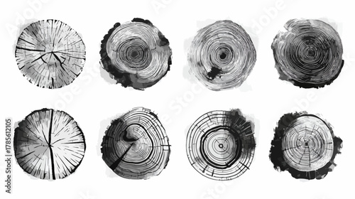 Set of diverse black and white tree trunk cross-sections showcasing natural wood rings, textures, and growth patterns. Rustic timber prints.