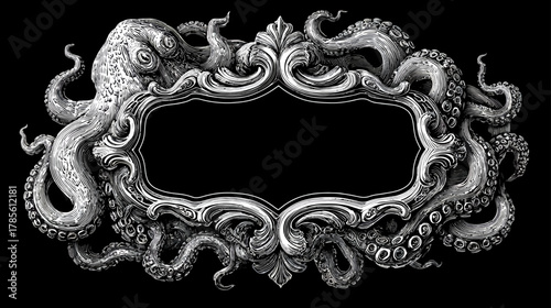 Ornate Vintage Engraving Frame with Octopus Tentacles and Kraken Design. Intricate Nautical Marine Fantasy Art on Black Background.