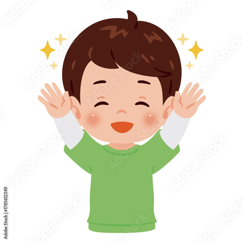 両手を上げて万歳する笑顔の男の子　上半身イラスト／Upper Body Illustration of Smiling Boy Raising Both Hands in Victory