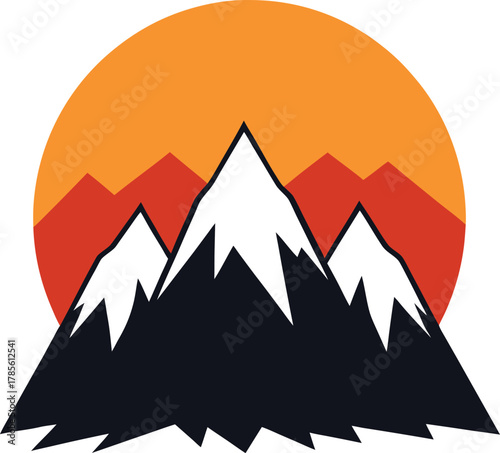 Mountain peaks silhouette with sunrise in background, bold vector, editable EPS file.