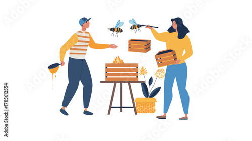 Casually dressed person gifting honey tools as a thoughtful present, lifestyle illustration showing beekeeping equipment, handmade gift concept, sustainable living, natural honey production and warm 