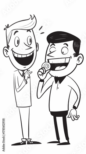 Joyful friends laugh together outdoors. Winter jokes spark warm smiles. Candid moment of shared happiness.