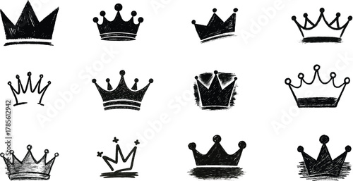 Hand drawn sketch grunge style crown collection icons and illustrations.