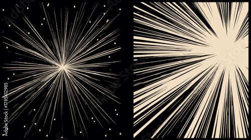 Retro radial light burst with speed lines on black. Abstract graphic element for comic, explosion, or dynamic background design.