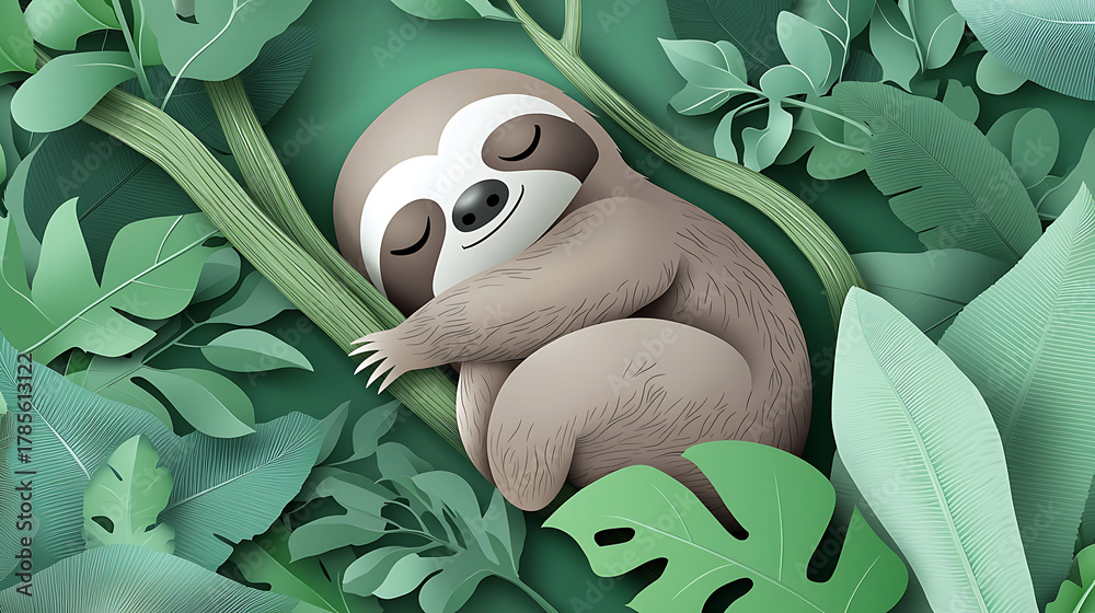 Naklejka premium Sleeping Sloth in Tropical Foliage A Peaceful Moment in Nature's Embrace