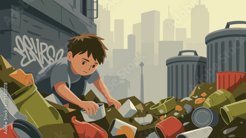 A boy searches through a pile of trash in an urban setting with buildings in the background scene view
