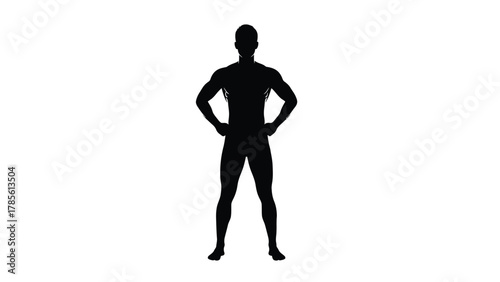 Full Body Black Silhouette of Athletic Male Figure Standing with Hands on Hips in a Power Pose