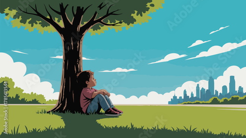 A boy sitting by a tree looking at a city skyline under a blue sky with white clouds in the distance