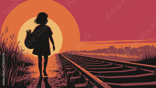 Silhouette of a girl walking on train tracks at sunset with a bag over her shoulder in illustration