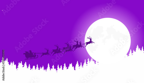 Santa Claus and his reindeer sleigh flying across a purple night sky with a large full moon and snowy pine trees.