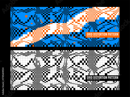 abstract grid distortion pattern with warped checkerboard effect and geometric optical illusion design in blue orange and black colors for modern digital artwork background and visual poster layout