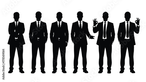 Set of Businessman Silhouettes Vector Illustration with Various Poses and Gestures, Including OK Sign, Isolated on White Background