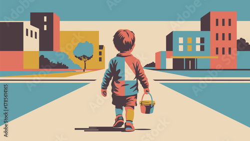 A boy walking away holding a bucket in a colorful city with buildings and a tree in the background