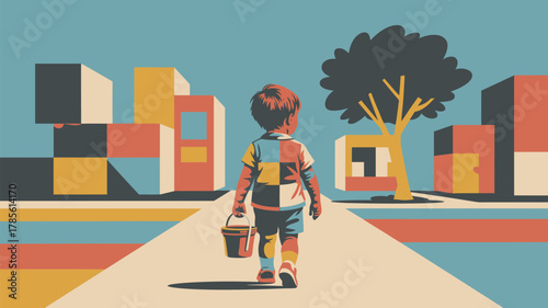 A child walks away on a colorful path with a bucket towards abstract buildings and a tree in the distance