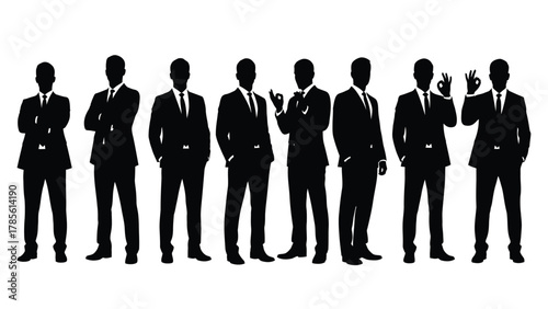 Businessmen Silhouettes Set. Vector illustration of eight male figures in suits standing with different corporate poses and gestures like crossing arms and showing the OK sign.