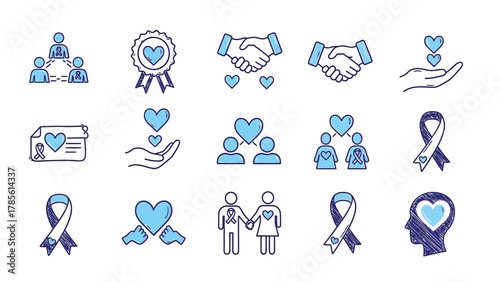 Doodle Icon Set for Charity, Awareness, and Social Support: Hearts, Ribbons, Community, and Handshake Symbols