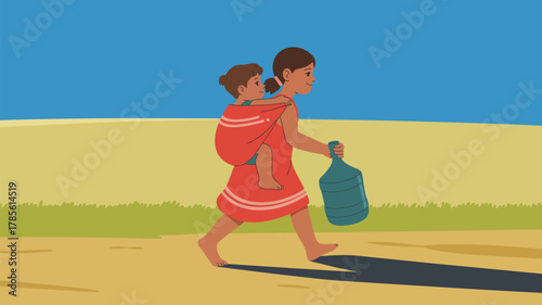 Illustration of woman carrying child and water jug walking across arid landscape under a blue sky