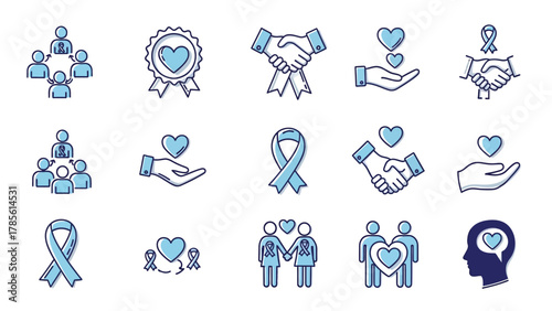 Charity and Donation Line Icons Set. Collection of Vector Symbols for Community Support, Awareness Ribbon, Kindness, Partnership, and Volunteering.