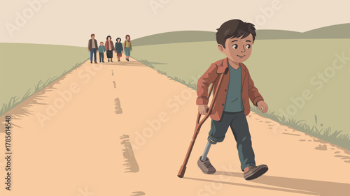 A boy with a prosthetic leg walking with a crutch on a path with his family in the background