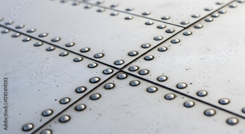 Industrial texture showing riveted metal sheets for construction or design, modern metallic pattern with repeating rivets, shiny surface, and construction concept