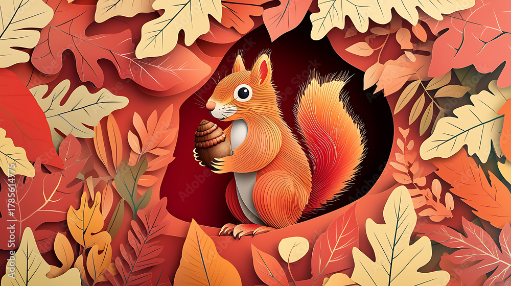 Fototapeta premium Autumnal Squirrel Illustration Cozy Den Filled with Fall Foliage and Holding Nut