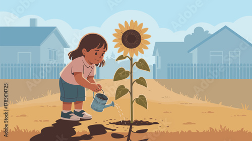 Illustration of a girl watering a sunflower in a yard with houses in the background on a sunny day