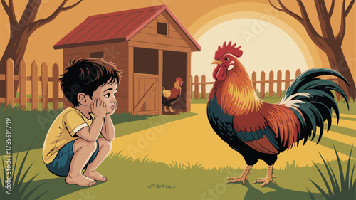A boy squatting looking at a rooster in a farmyard with a chicken coop and a fence at sunset