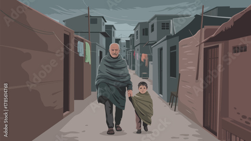 Illustration of an elderly man and a young boy walking down a narrow street in a poor neighborhood