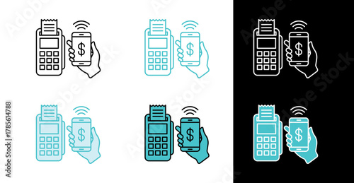 Smartphone and pos machine icon for cashless payment system in line and fill style