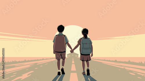 A boy and a girl with backpacks holding hands walking towards a building in the distance at sunset
