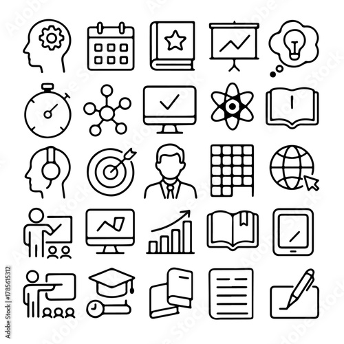 A collection of educational icons in a grid format, ideal for illustrating learning and knowledge concepts. Includes a diverse range of symbols representing various educational topics. 
