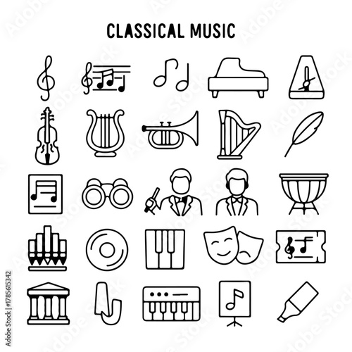 Set of classical music icons featuring a variety of musical instruments and symbols