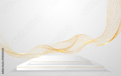 Multi-layered white podium with elegant gold wave lines on the back for product presentation. Display of cosmetic products. Stage or podium. vector illustration	