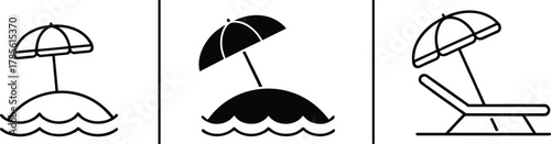 Beach umbrella vector icons, summer vacation silhouettes with lounge chair and seaside design, black outline and filled styles for travel, leisure, tourism themes
