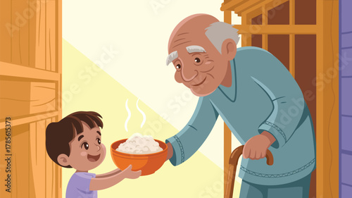 Illustration of a child offering a bowl of food to an elderly man with a cane near a doorway
