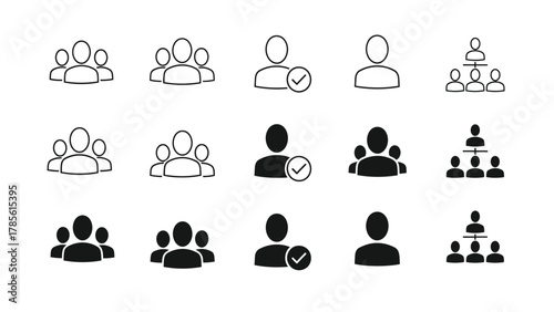 User and Group Icons Set: Profile, Team, Verified Account, and Organizational Hierarchy Vector Illustration