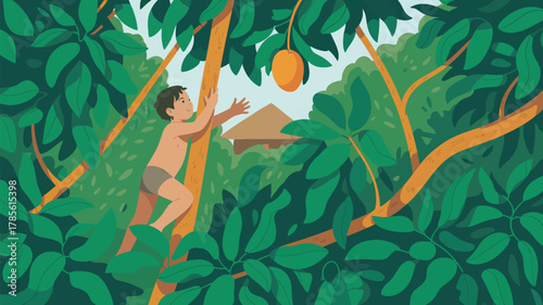 Illustration of a boy climbing a tree to reach a mango with a house in the background view outdoors