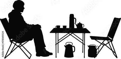 Camping table silhouette vector, folding chairs, teapot and cups, outdoor leisure setup, picnic scene illustration, summer vacation design, adventure lifestyle concept